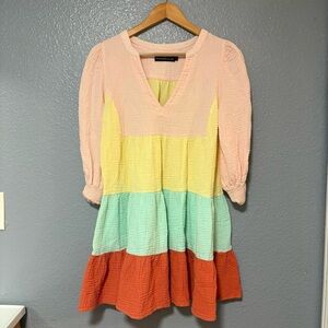 Colorblocked Pomander Place Cotton Gauze Dress, Size M